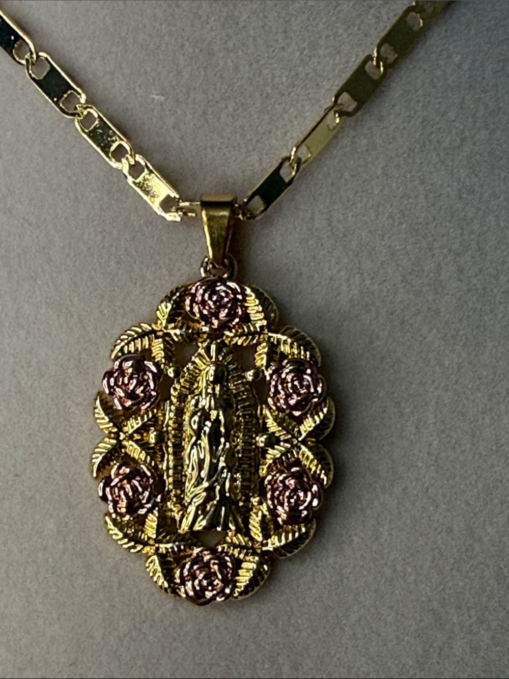 Gold Mother of Mary Pendant Necklace with Rose Accents